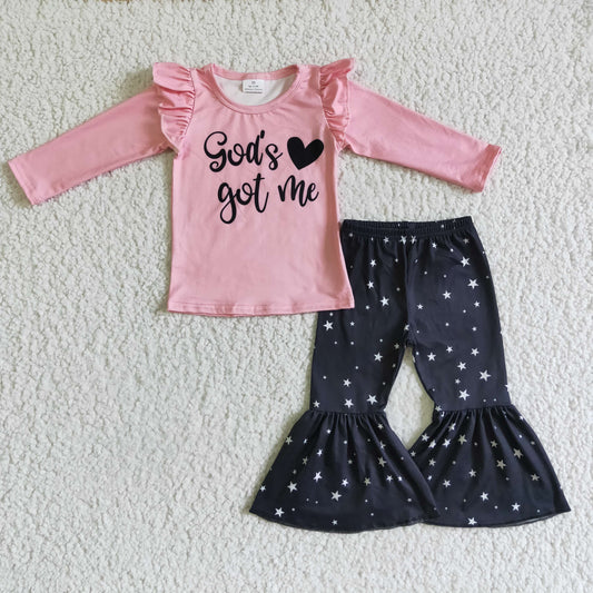 GLP0207 Pink Black Cute Girls Children Long Sleeve Kid Summer Boutique Outfits