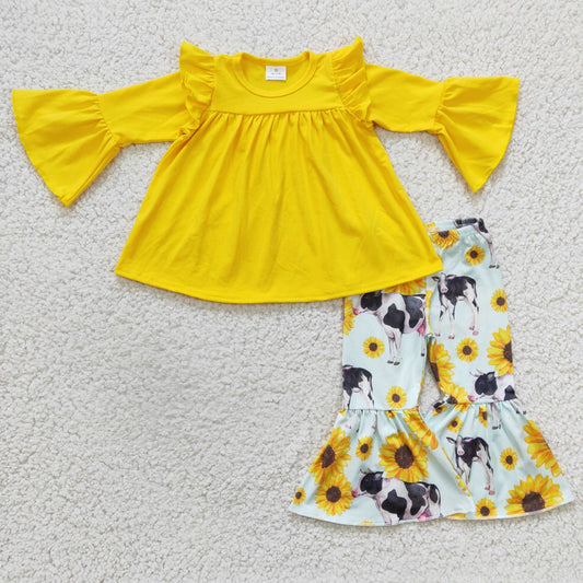 GLP0374  Yellow Sunflower Hot Sale Girl Long Sleeve Sets Kid Clothing