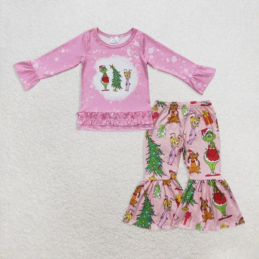 7.4 RTS NO MOQ Baby Girls Long Sleeve Outfits GLP0576 Chrsitmas Pink Frog Bell Clothing Sets