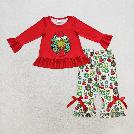 6.20 RTS NO MOQ Baby Girls Long Sleeve Outfits GLP0690 Green Frog Tunic Top Bow Ruffle Pants Clothes Sets