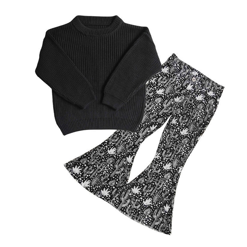 GLP0835 Baby Girls Black Sweater Cactus Denim Pants Outfit