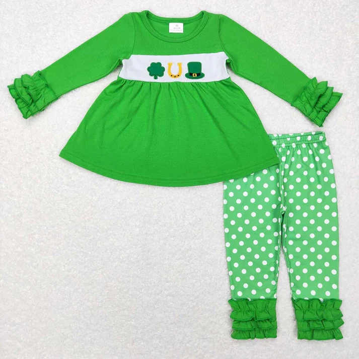 RTS NO MOQ Sibling Boys Baby Girls Long Sleeve Sets St Patrick Day Quatrefoil Outfits Clothes Sets