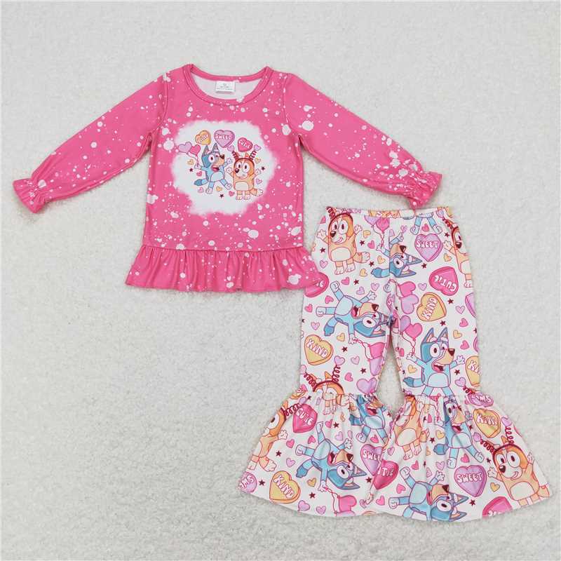 GLP1123 Baby Girls Valentine's Day Cartoon Dog Bell Bottom Pants Set