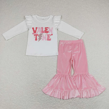RTS NO MOQ Sibling Baby Girls Long Sleeve Sets Valentines Shirt Top Velvet Bell Pants Outfits Suits