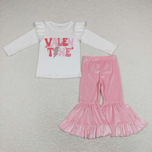 RTS NO MOQ Sibling Baby Girls Long Sleeve Sets Valentines Shirt Top Velvet Bell Pants Outfits Suits
