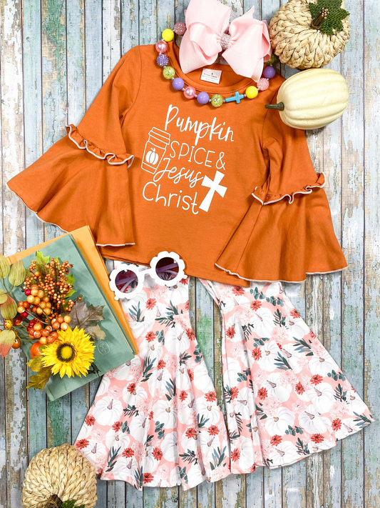 GLP1638 Floral Orange Winter Fall Long Sleeve Wholesale Boutique Kid Outfit