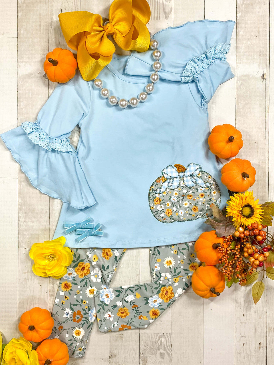 GLP1639 Blue Pumpkin Winter Fall Long Sleeve Wholesale Boutique Kid Outfit