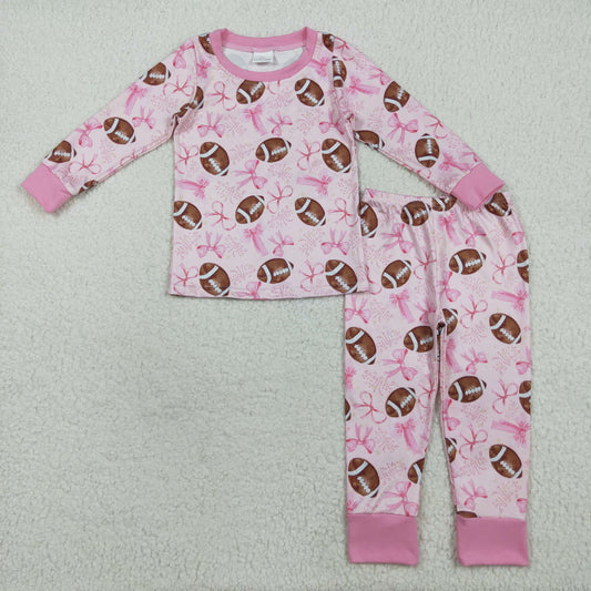 7.18 RTS NO MOQ Baby Girls Long Sleeve Outfits GLP1700 Pink Football Bows Shirt Pants Pajamas Clothes Sets