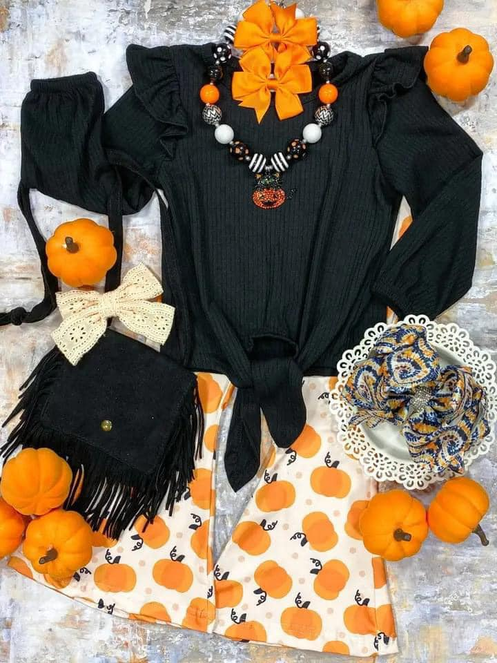 GLP1720 Black Pumpkin Winter Fall Long Sleeve Wholesale Boutique Kid Outfit