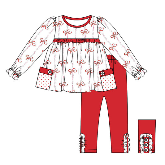 GLP1761 Red Bow Christmas Girls Winter Fall Long Sleeve Wholesale Boutique Kid Outfit