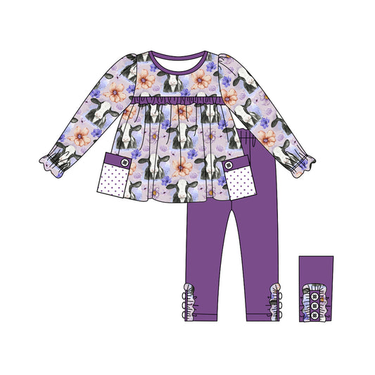 GLP1803 Purple Cow Girls Winter Fall Long Sleeve Wholesale Boutique Kid Outfit