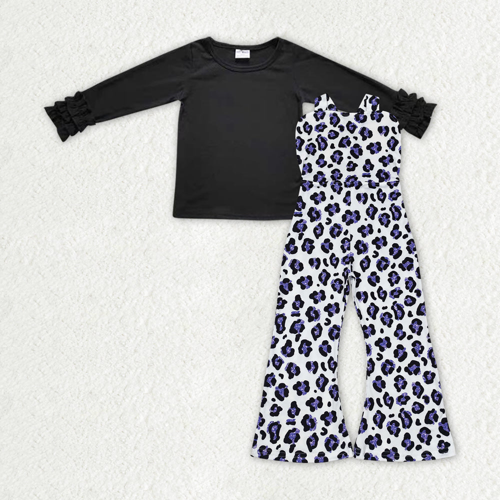 GLP1847 Baby Girls Black Top and Purple Leopard Overall Outfit