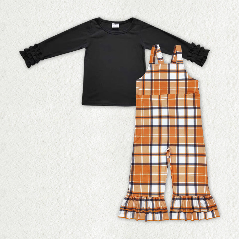 GLP1848 Baby Girls Black Top and Brown Plaid Overall Outfit