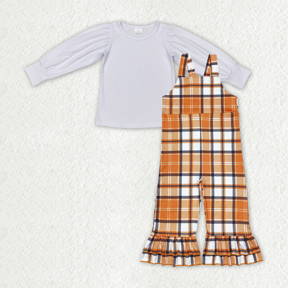 GLP1849 Baby Girls White Top and Brown Plaid Overall Outfit