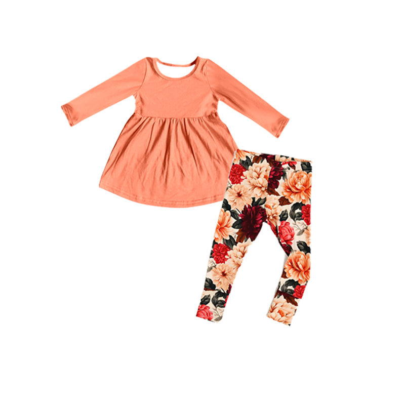 GLP1883 Orange Flower Girls Winter Fall Long Sleeve Wholesale Boutique Kid Outfit Clothing Sets