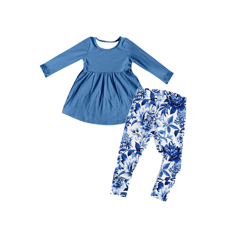 GLP1885 Blue Flower Girls Winter Fall Long Sleeve Wholesale Boutique Kid Outfit Clothing Sets