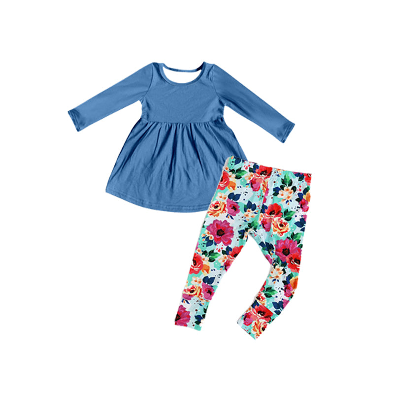 GLP1886 Cute Blue Flower Girls Winter Fall Long Sleeve Wholesale Boutique Kid Outfit Clothing Sets