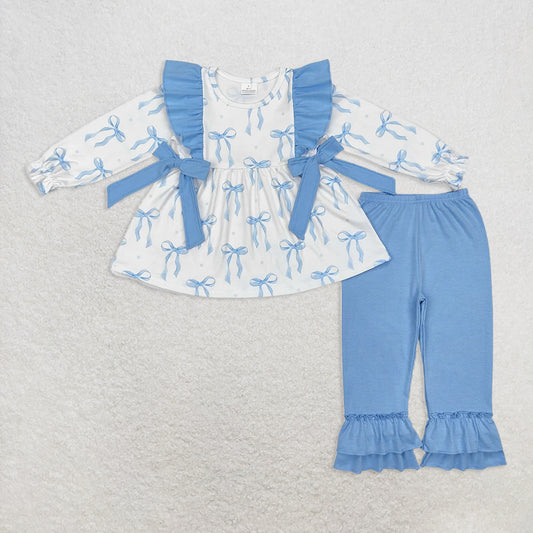 6.20 RTS NO MOQ Baby Girls Long Sleeve Outfits GLP2109 Blue Bows Tunic Ruffle Pants Clothes Sets