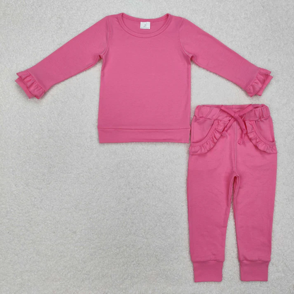 RTS NO MOQ Sibling Baby Girls Long Sleeve Sets Cotton Top Ruffle Pockets Pants Jogger Clothes Sets