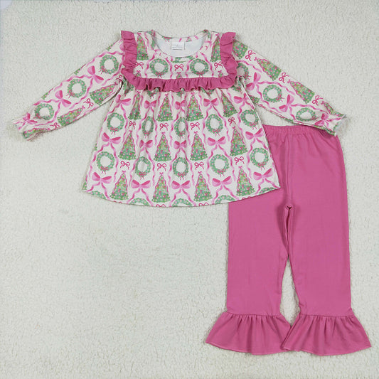 7.8 RTS NO MOQ Baby Girls Long Sleeve Outfits GLP2339 Christmas Trees Bows Tunic Ruffle Pants Outfits Sets