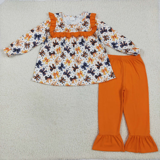 7.18 RTS NO MOQ Baby Girls Long Sleeve Outfits GLP2344 Halloween Colorful Bows Stars Tunic Ruffle Pant Sets