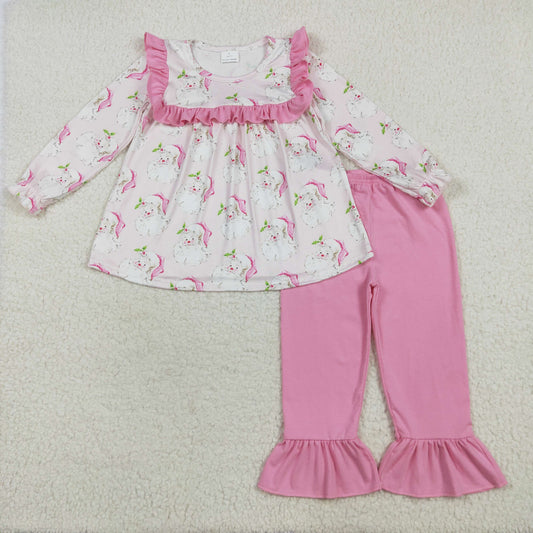 7.18 RTS NO MOQ Baby Girls Long Sleeve Outfits GLP2345 Christmas Pink Santa Tunic Ruffle Pant Sets