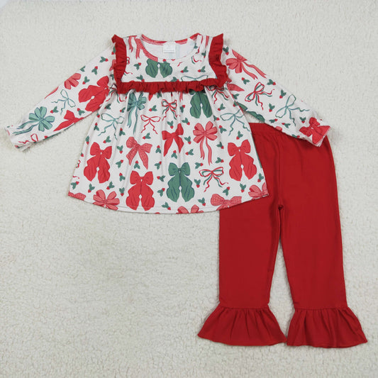 7.18 RTS NO MOQ Baby Girls Long Sleeve Outfits GLP2346 Christmas Red Green Bows Tunic Ruffle Pants Sets