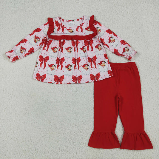 6.23 RTS NO MOQ Baby Girls Long Sleeve Outfits GLP2347 Long Sleeves Red Santa Bows Tunic Ruffle Pant Sets
