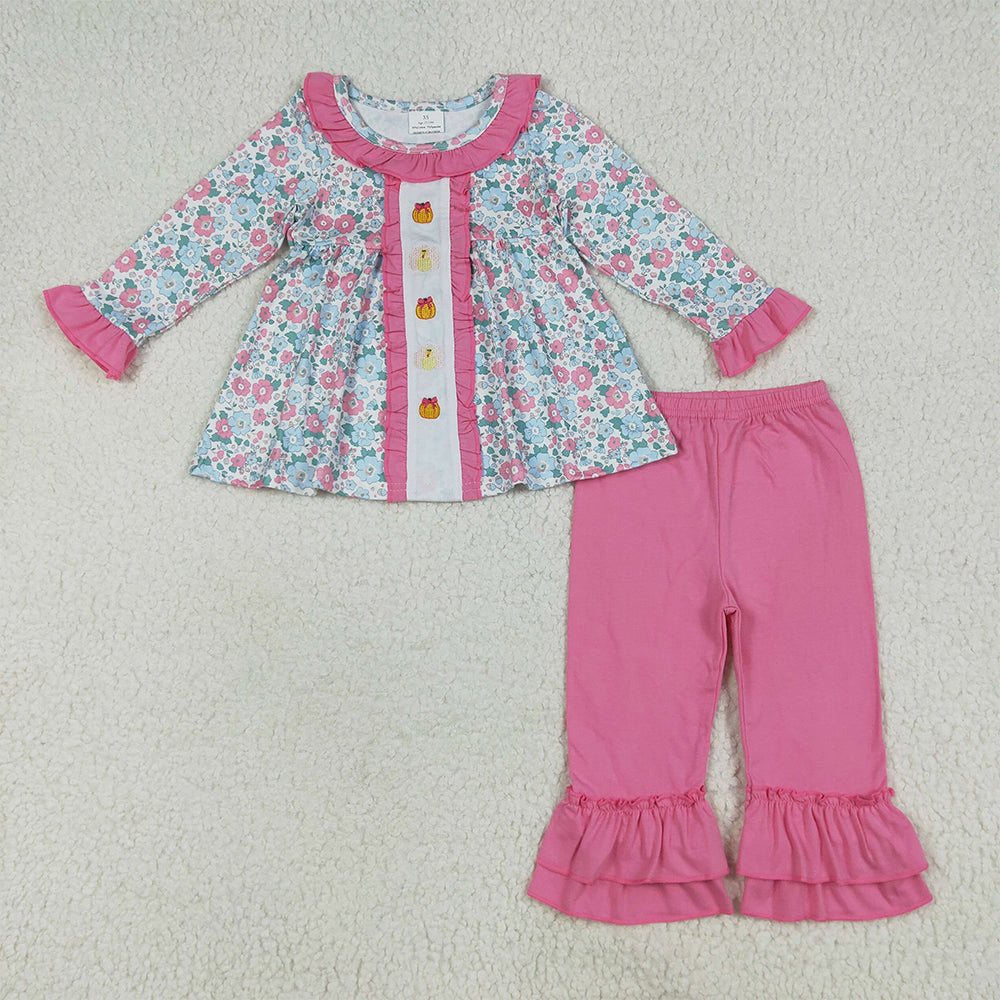 6.24 RTS NO MOQ Baby Girls Long Sleeve Outfits GLP2352 Floral Turkey Pumpkins Tunic Ruffle Pant Sets