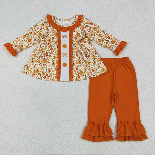 6.26 RTS NO MOQ Baby Girls Long Sleeve Outfits GLP2361 Fall Flowers Bows Pumpkins Tunic Ruffle Pants Sets