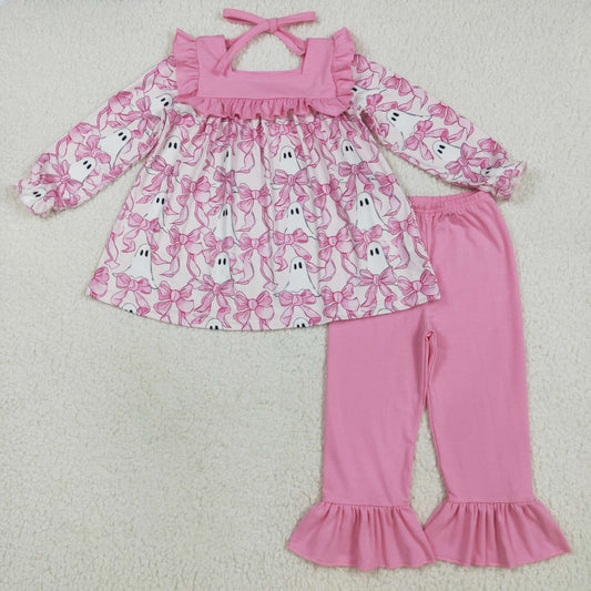 7.18 RTS NO MOQ Baby Girls Long Sleeve Outfits GLP2362 Halloween Pink Bows Ghosts Tunic Ruffle Pant Sets