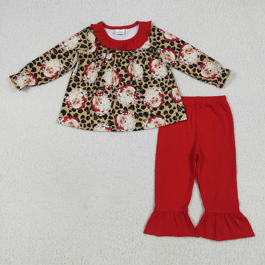 6.23 RTS NO MOQ Baby Girls Long Sleeve Outfits GLP2369 Christmas Leopard Santa Tunic Ruffle Pants Sets