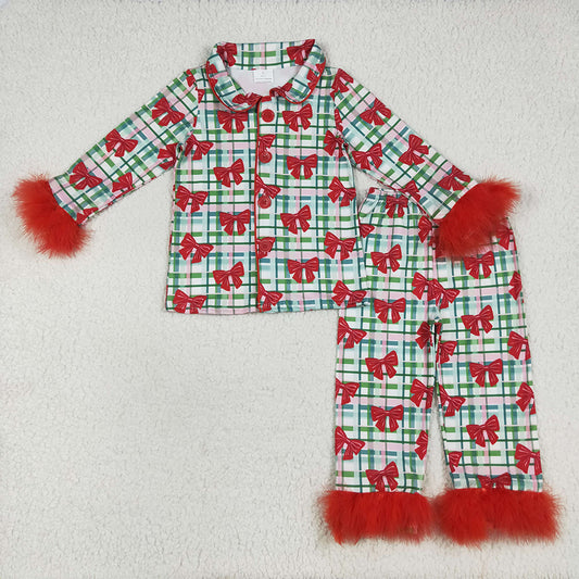 7.8 RTS NO MOQ Baby Girls Long Sleeve Outfits GLP2372 Christmas Fur Sleeve Bows Buttons Top Pants Pajamas Sets