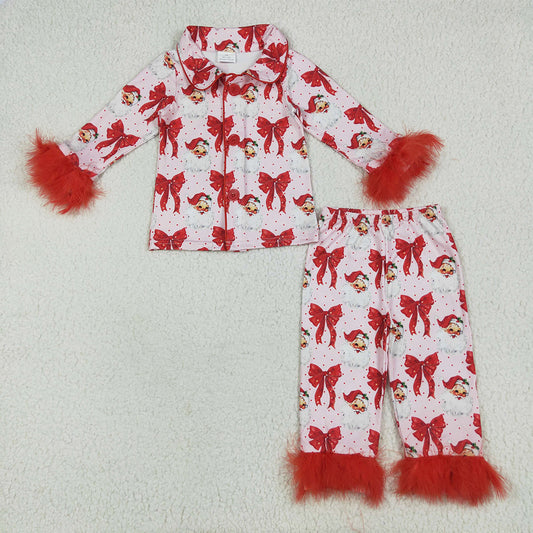 6.28 RTS NO MOQ Baby Girls Long Sleeve Outfits GLP2373 Red Christmas Fur Bows Santa Button Top Pants Pajamas Sets