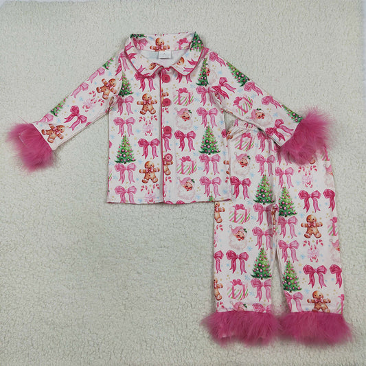 7.15 RTS NO MOQ Baby Girls Long Sleeve Outfits GLP2375 Christmas With Fur Bows Gingerbread Trees Button Top Pants Pajamas Sets