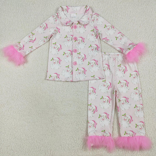 7.15 RTS NO MOQ Baby Girls Long Sleeve Outfits GLP2376 Pink Christmas With Fur Santa Button Top Pants Pajamas Sets