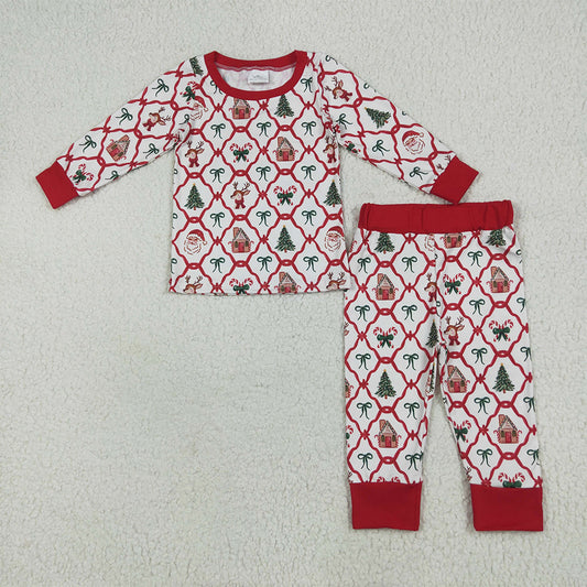 6.18 RTS NO MOQ Baby Girls Long Sleeve Outfits GLP2391 Christmas Bows Gingerbread Plaid Top Pant Pajamas Sets
