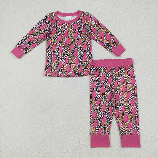 6.28 RTS NO MOQ Baby Girls Long Sleeve Outfits GLP2393 Long Sleeves Pink Lightning Leopard Top Pant Pajamas Sets