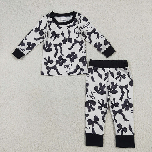 6.18 RTS NO MOQ Baby Girls Long Sleeve Outfits GLP2395 Long Sleeves Black Bows Top Pant Pajamas Sets