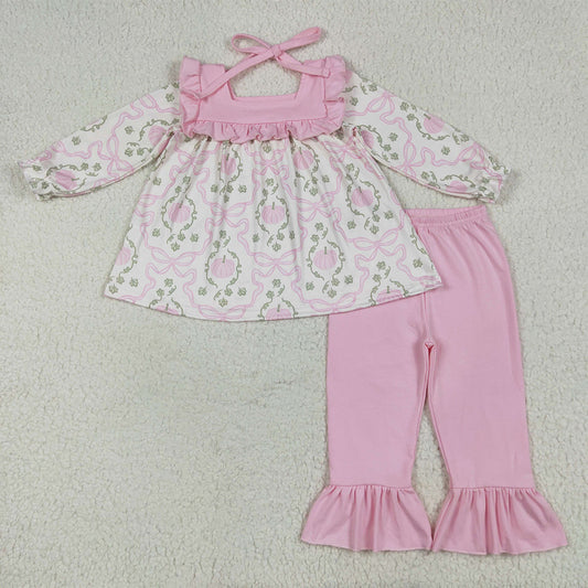 7.1 RTS NO MOQ Baby Girls Long Sleeve Outfits GLP2397 Fall Pumpkins Bows Plaid Tunic Pink Ruffle Pant Sets