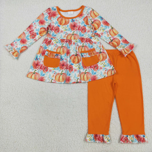 8.12 RTS NO MOQ Baby Girls Long Sleeve Outfits GLP2399 Fall Pumpkins Pockets Tunic Legging Pants Sets