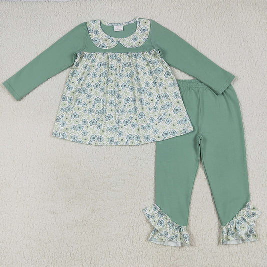 7.8 RTS NO MOQ Baby Girls Long Sleeve Outfits GLP2407 Green Long Sleeves Floral Tunic Ruffle Pants Clothes Sets