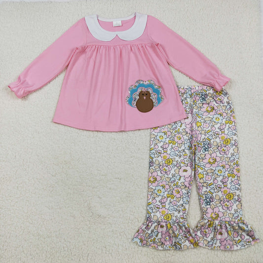 7.18 RTS NO MOQ Baby Girls Long Sleeve Outfits GLP2409 Pink Thanksgiving Turkey Tunic Floral Ruffle Pants Sets