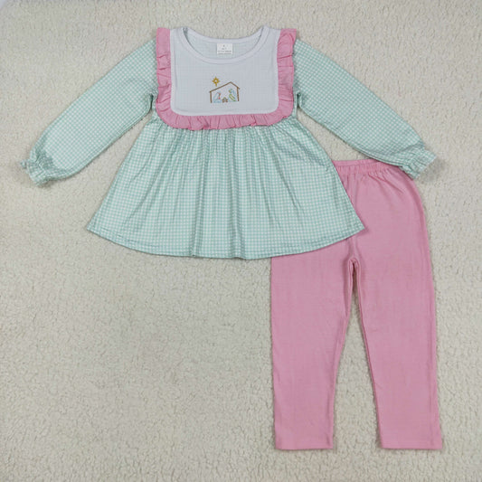 7.23 RTS NO MOQ Baby Girls Long Sleeve Outfits GLP2410 Blue Christmas Nativity Jesus Tunic Pink Legging Pants Sets