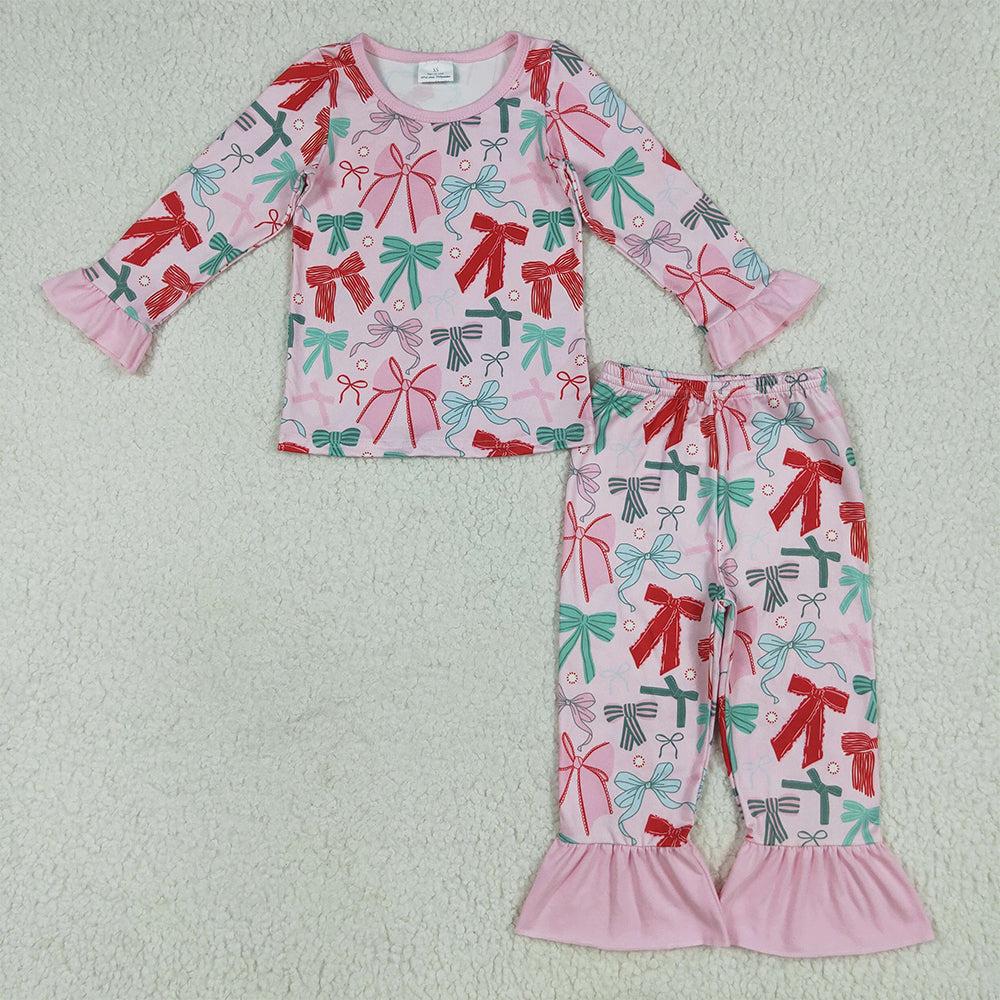 6.24 RTS NO MOQ Baby Girls Long Sleeve Outfits GLP2413 Pink Colorful Bows Top Pant Pajamas Sets