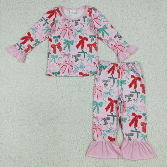 6.24 RTS NO MOQ Baby Girls Long Sleeve Outfits GLP2413 Pink Colorful Bows Top Pant Pajamas Sets