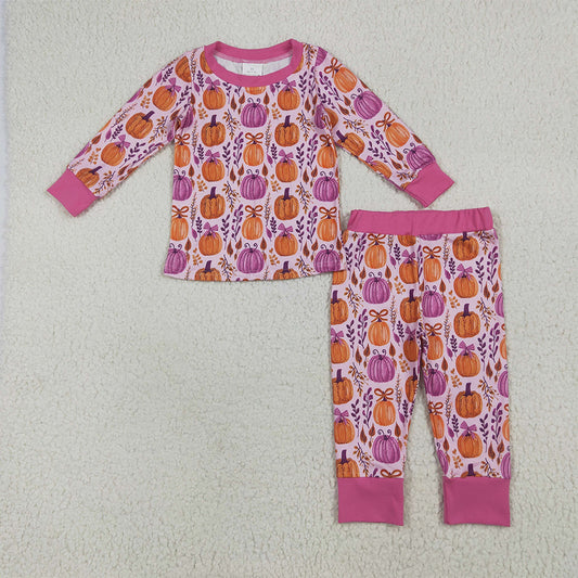 6.16 RTS NO MOQ Baby Girls Long Sleeve Outfits GLP2415 Long Sleeves Hot Pink Floral Pumpkins Top Pant Pajamas Sets
