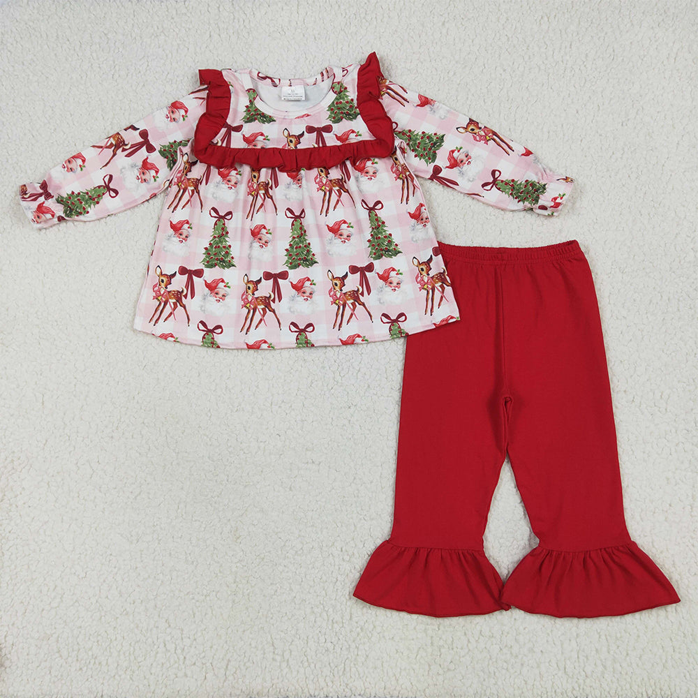 6.19 RTS NO MOQ Baby Girls Long Sleeve Outfits GLP2419 Red Long Sleeves Santa Trees Plaid Tunic Ruffle Pant Sets