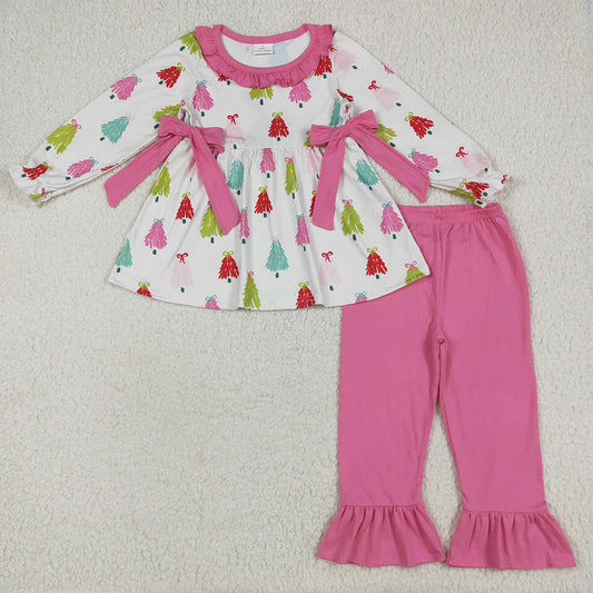 6.28 RTS NO MOQ Baby Girls Long Sleeve Outfits GLP2422 Christmas Bows Trees Tunic Ruffle Pants Sets