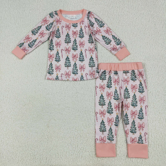 6.24 RTS NO MOQ Baby Girls Long Sleeve Outfits GLP2423 Pink Long Sleeves Bows Trees Top Pant Pajamas Sets